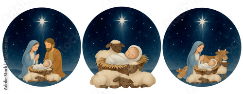 Vector Set of  watercolor Nativity scene cliparts with Baby Jesus, Mary, Joseph, animals and Bethlehem star. Perfect for Christmas cards, crafts, prints and Christian projects.