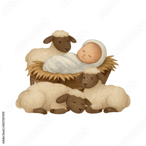 Vector Watercolor Nativity scene with Baby Jesus in a manger surrounded by sheep. Perfect for Christmas cards, Christian art, crafts and festive decorations
