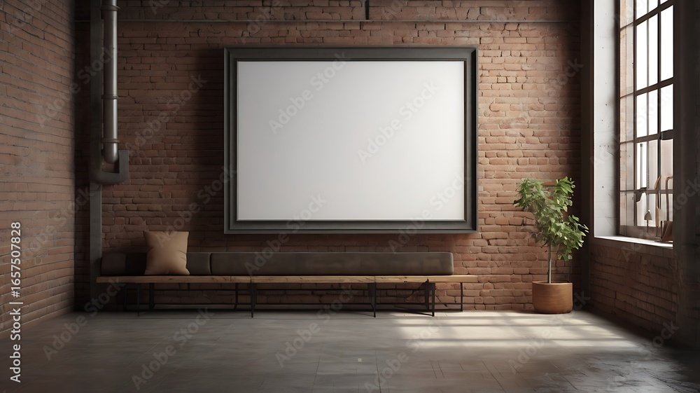 An empty white canvas in a dark frame hangs on a brick wall above a wooden bench in a bright room with a plant.