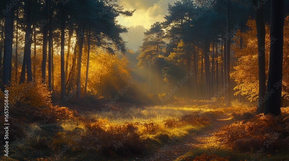 Fototapeta premium Sunlit Autumn Forest with Golden Rays and Pathway