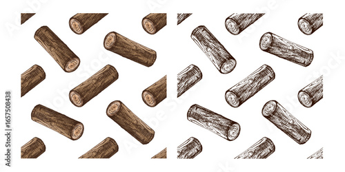 Hand drawn vintage colored seamless pattern set of wood logs and tree stumps in ink sketch