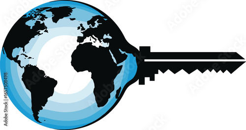 Globe with integrated key symbolizing global access, international security, worldwide connectivity, unlocking world concept, vector illustration, blue ocean continents design
