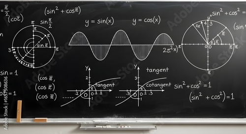 Mathematical equations and trigonometric functions drawn on a blackboard, featuring sine, cosine, tangent graphs, unit circles, and formulas illustrating fundamental trigonometry concepts.