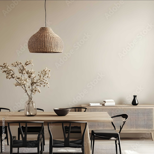 Create a highly realistic and minimalistic interior scene with a warm and inviting atmosphere The setting features a smooth neutral beige wall with no texture The