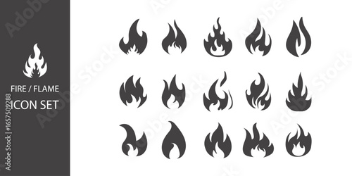 Fire flames vector icon set with burning flame symbols, fireball signs, warning and energy illustrations, outline and flat style collection.
