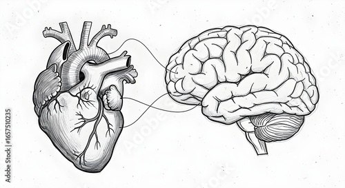 Detailed black and white pencil sketch illustrating the symbolic connection between the human heart and brain, linked by flowing lines on a clean white background, representing mind-heart harmony.