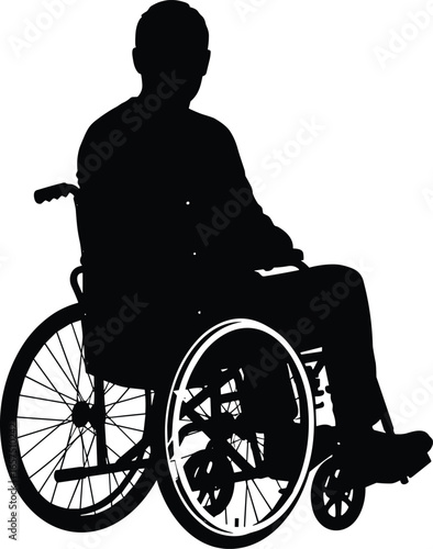 Silhouette of person in wheelchair, black and white contrast, disability mobility aid, accessibility theme, medical support, inclusive healthcare illustration