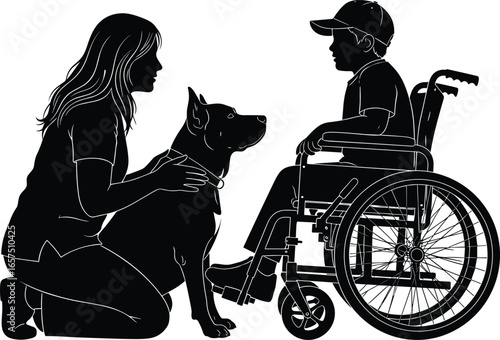 Silhouette of person kneeling beside dog and person in wheelchair, companionship, support, therapy animal concept, assistance, inclusion vector illustration