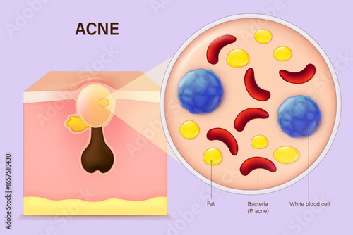 Acne on the skin and a magnified view of the bacteria that cause acne. Vector for advertising about beauty and medical treatment. Skin problems.