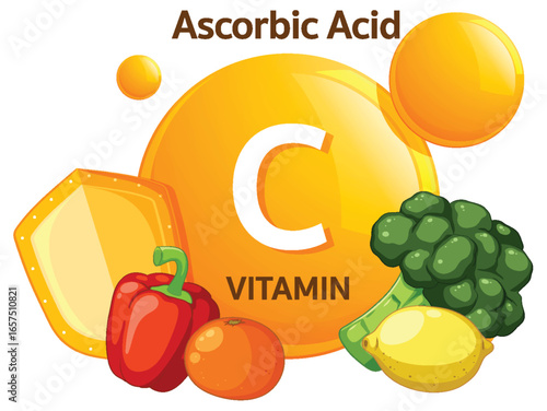 Vitamin C Sources with Fruits and Vegetables Illustration