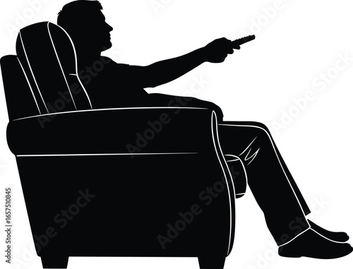 Silhouette of person sitting in recliner chair with remote control, relaxing, leisure activity, home comfort, vector illustration design