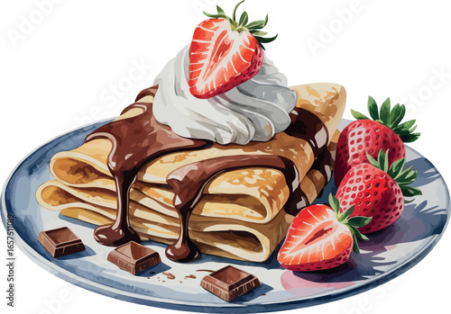 This delicious image showcases a stack of golden crepes generously drizzled with rich chocolate sauce, topped with a dollop of white whipped cream and fresh strawberries.