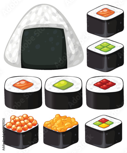 Assorted Sushi Rolls and Onigiri Vector Illustration