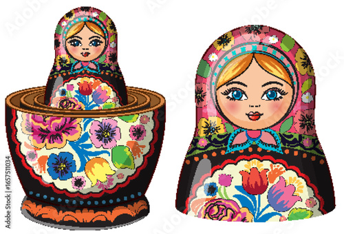 Traditional Russian Nesting Dolls with Floral Patterns