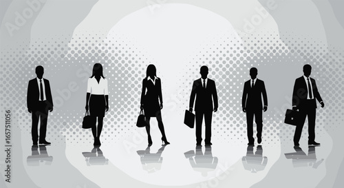 Silhouette of six business professionals standing in formal attire with briefcases, corporate teamwork, leadership unity concept, modern business vector illustration
