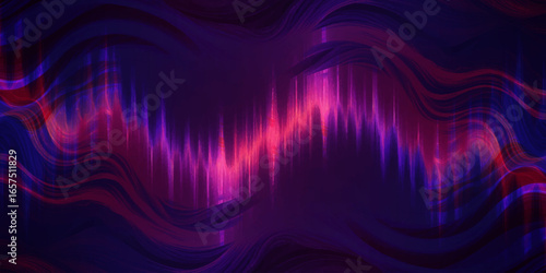 Abstract wave pattern with flowing lines in shades of red, purple, and orange, set against a dark background.	
