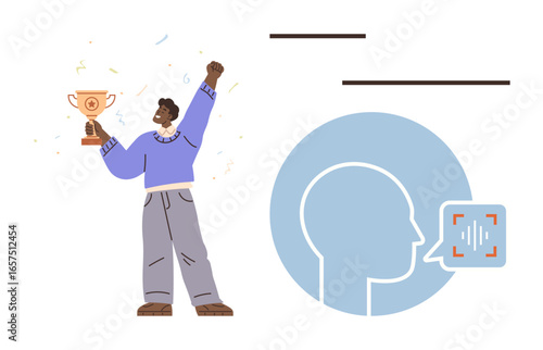 Man holding a trophy while celebrating. Speech recognition interface symbolizing innovation, achievement, and technology. Ideal for motivation, victory, technology, self-improvement, leadership