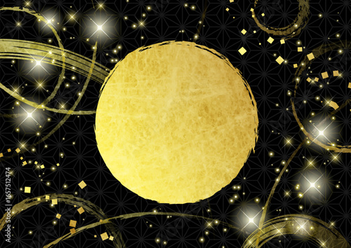 正月背景、黒、麻の葉模様、黄金、かわいい、イラスト、横