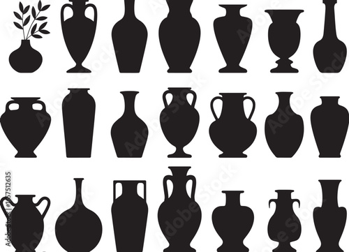 Collection of Antique Vases Silhouette Designs Black and White Artistic Pottery Vessels Elegant Art Graphic Vector Set