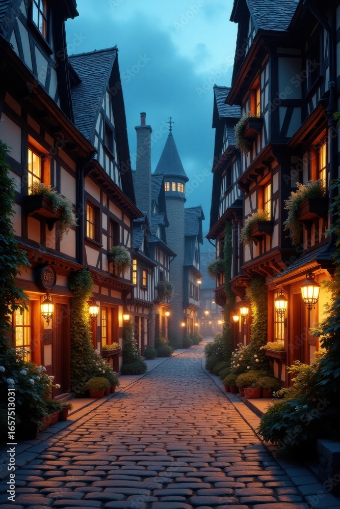 Fototapeta premium Cobblestone Alleyway Lined with Charming Old Buildings at Dusk