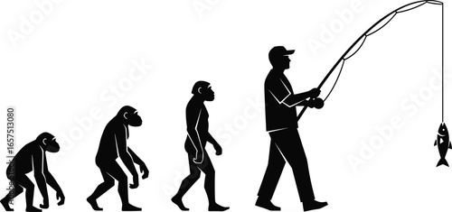Silhouette sequence showing primate to human evolution ending with fisherman holding rod and fish, humorous evolution concept, black vector illustration design