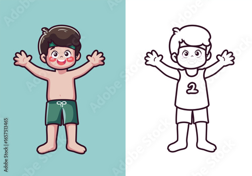 Cartoon Boy Character with Glasses, Coloring Page and Body Parts Learning
