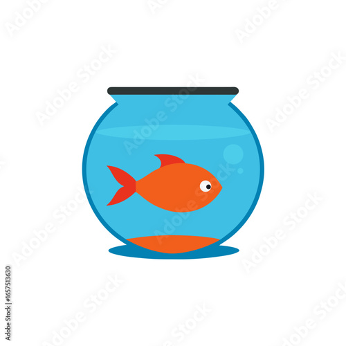 Cute orange fish swimming in a round blue fishbowl with a pebble