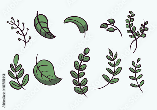 Cartoon Green Leaf and Branch Vector Illustration Set