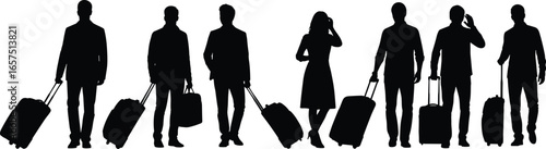 Silhouettes of business travelers pulling wheeled suitcases, corporate travel concept, airport transportation, professional people, vector illustration, travel and business lifestyle design