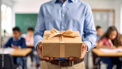 Teacher presenting gift to students