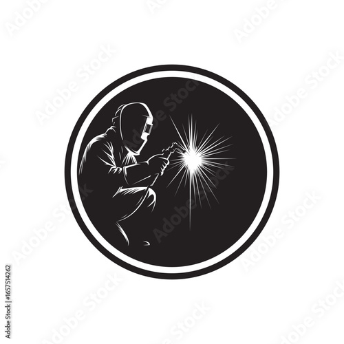 Welder at work emblem. Circular badge showing a welder and spark industrial motif.