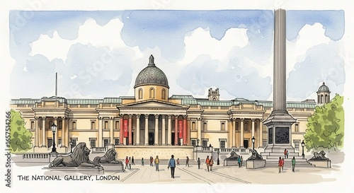 Digital painting of a view of the National Gallery (London)'s modern structures and landmarks in watercolor and text style for display, wallpaper and more