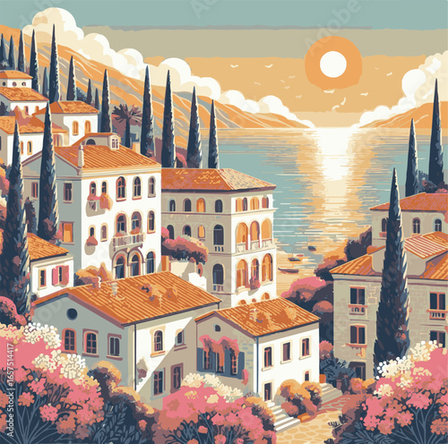 Beautiful Mediterranean coastal village illustration with colorful houses, lush flowers, serene sea, tall cypress trees, and sunset sky, perfect romantic artwork for wall art and design projects