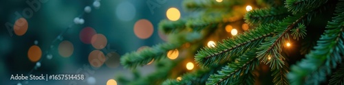 Sparkling lights illuminate rich green pine boughs, creating a magical holiday scene , cozy, winter, elegant