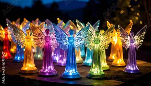A scene of many shining glass angel statues in seven colors in the night view