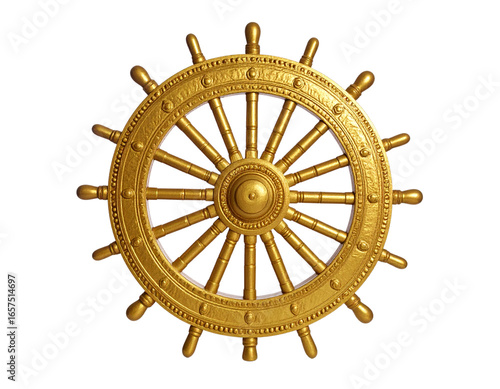 Angled Perspective of Ornate Dharmachakra Wheel, Emphasizing Depth