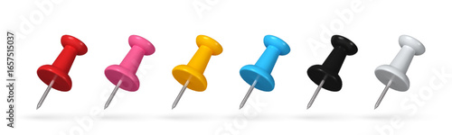 Colorful 3D push pin emoji icon set. Collection of cartoon style thumbtacks in multiple colors with shiny plastic heads and metal needle tips. Perfect for office supplies, school stationery, maps