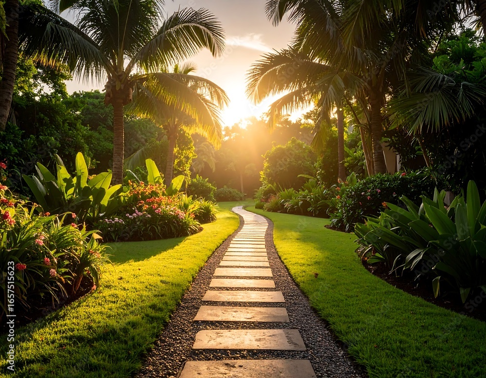 Obraz premium Sunlit path through tropical garden