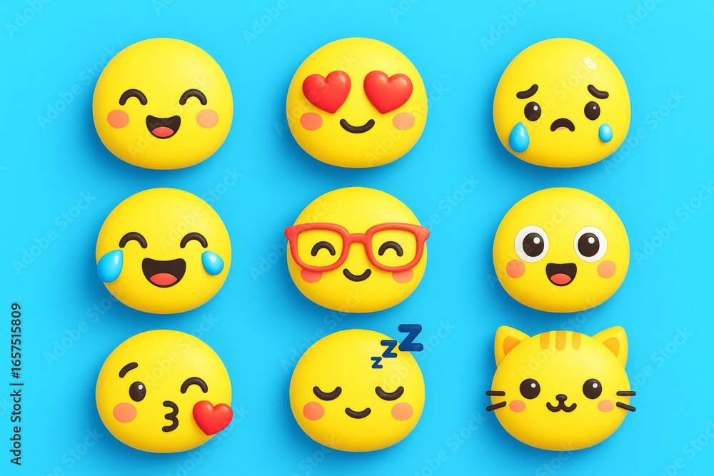 Obraz premium Cute yellow emoji set with various facial expressions and emotions in 3D cartoon style on vibrant blue background. Ai generative. Ai generative