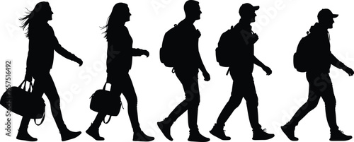 Silhouettes of people walking with backpacks, carrying additional bags, travel and daily activity concept, motion and posture, vector illustration design