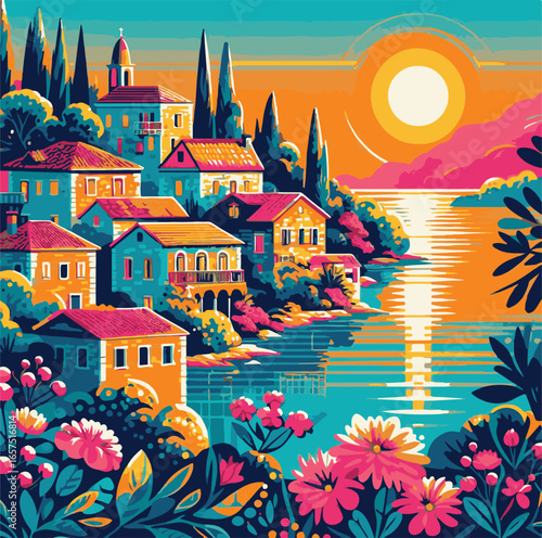 Beautiful Mediterranean coastal village illustration with colorful houses, lush flowers, serene sea, tall cypress trees, and sunset sky, perfect romantic artwork for wall art and design projects
