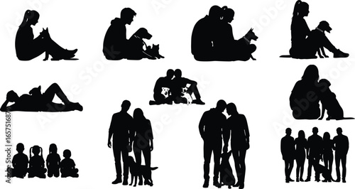 Silhouettes of people with dogs and cats, companionship scenes, sitting and standing poses, pet interaction, friendship concept, vector illustration design