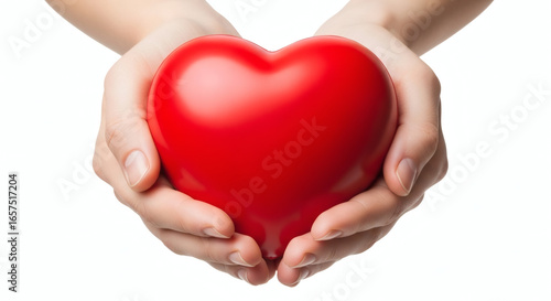 Symbol of Love and Care: Hands Gently Holding a Vibrant Red Heart, Compassion and Affection: A Heart Held in Tender Hands Against a White Backdrop