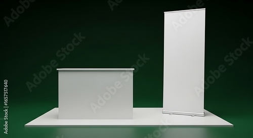 Sleek White Trade Show Booth with Counter and Roll-Up Banner on a Dark Emerald Stage.