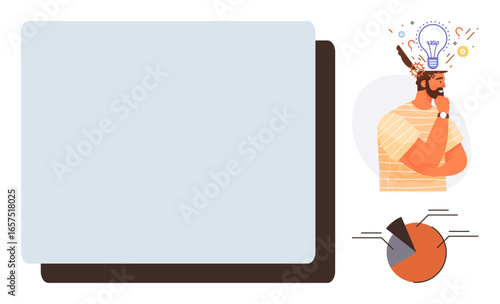 Man contemplating with light bulb and gears symbolizing ideas, pie chart showing analytics, empty text area. Ideal for brainstorming, creativity, strategy, planning, innovation, analysis marketing