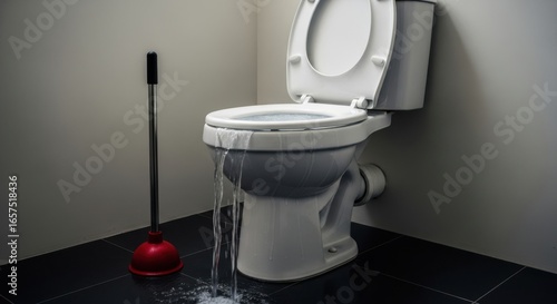 Water is leaking from a toilet with a plunger nearby