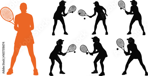 Tennis player silhouette in dynamic poses with orange accent, showing racket techniques, sports motion, fitness, agility, and athletic action