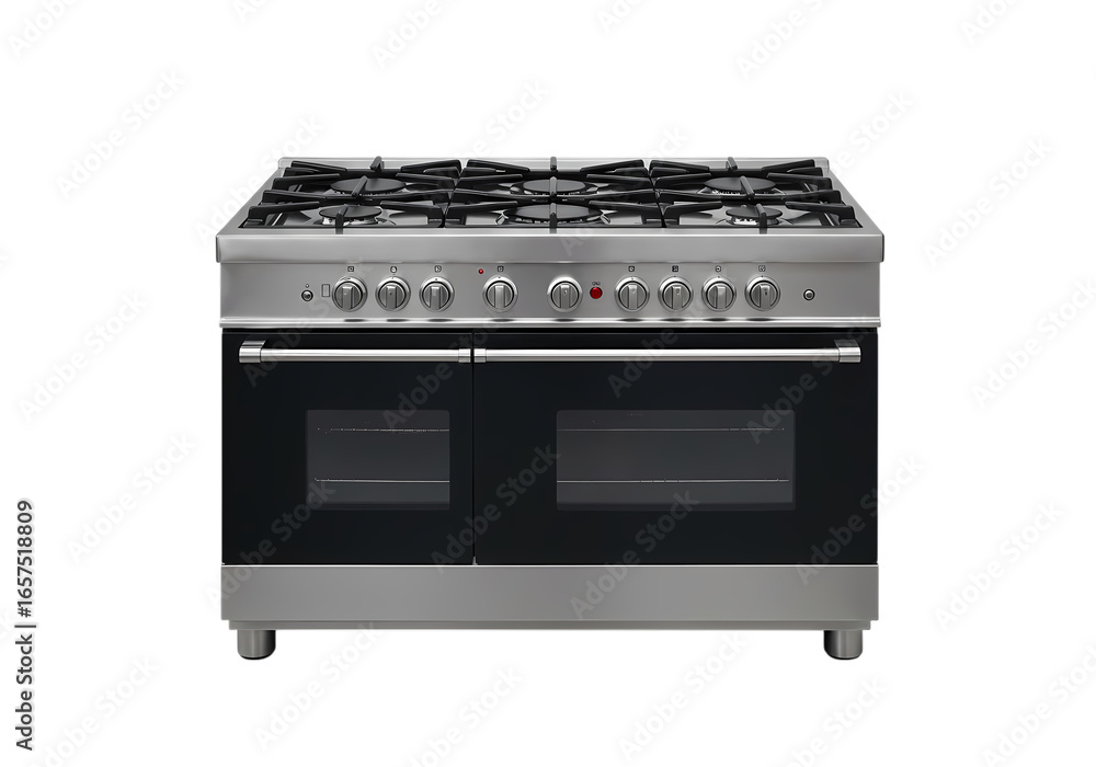 Fototapeta premium Stainless Steel Double Oven Range Cooker: Modern Kitchen Appliance, Gas Cooktop, Professional Kitchen Design Element isolated on transparent background