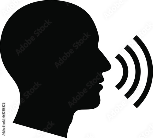 Silhouette of human head speaking, sound waves communication, audio technology, voice recognition, digital assistant, podcast symbol, speech sound icon, broadcasting