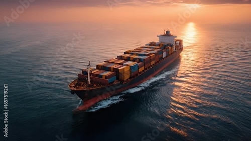 
A large container ship is sailing on the sea, with containers stacked high and moving forward at sunset. The background features calm waters under an orange sky,